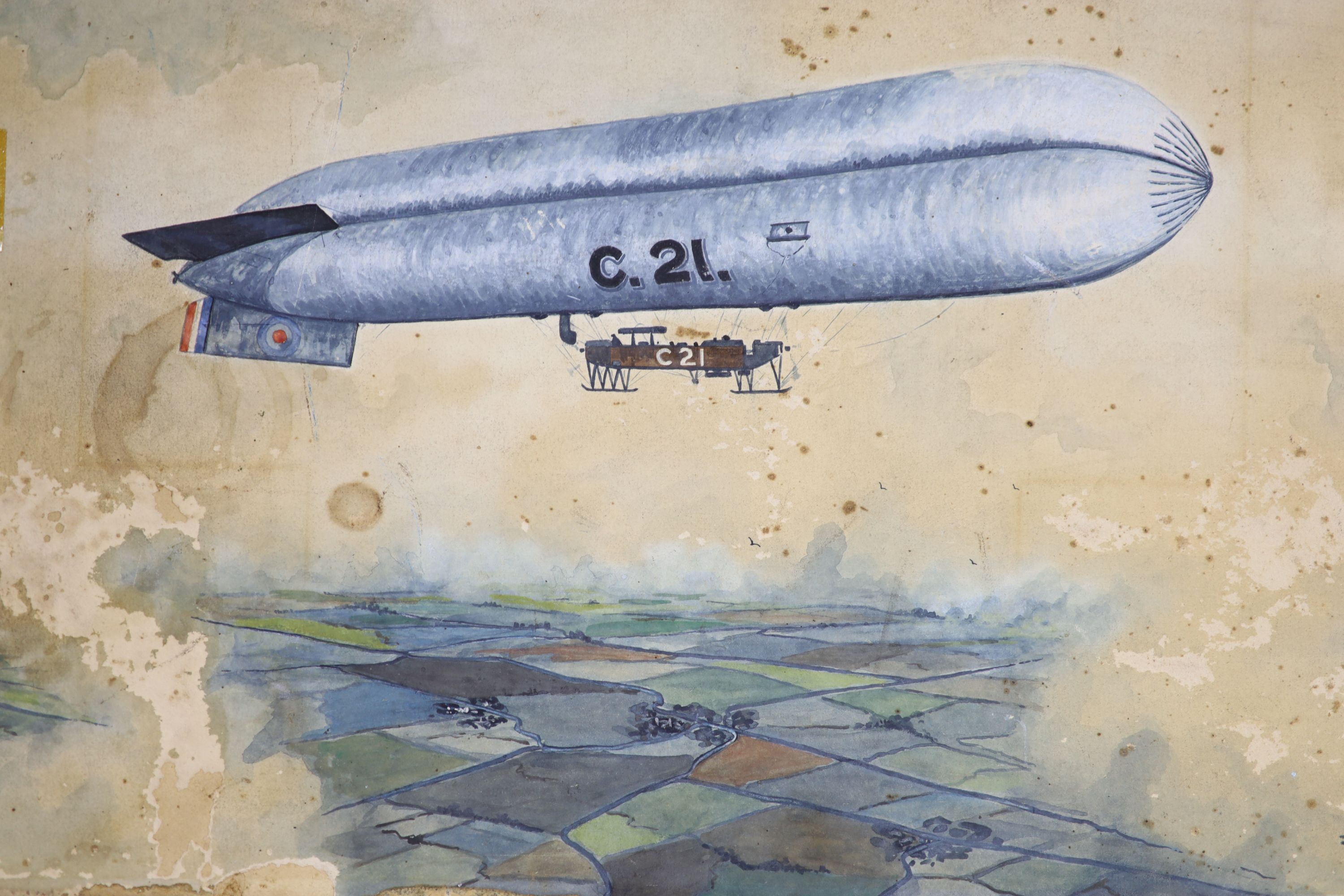 W.J. Dagleish, watercolour, C21 Airship in flight, signed and dated 1925, 29 x 46cm